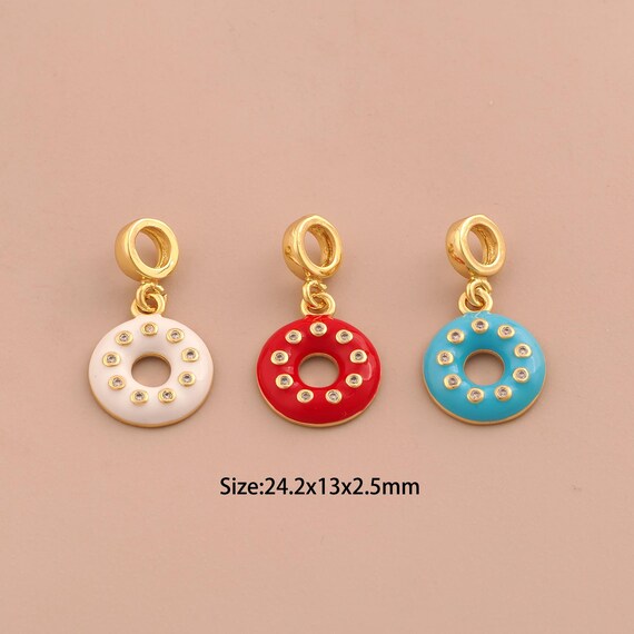 18K Gold Donut Charms,CZ Pave Dessert Charms Pendants,Enamel Donut Charm for DIY Jewelry Making Supply