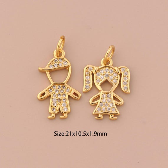 18K Gold Character Charms,CZ Pave Girl Charms Pendants,Boy Charm for DIY Jewelry Making Supply