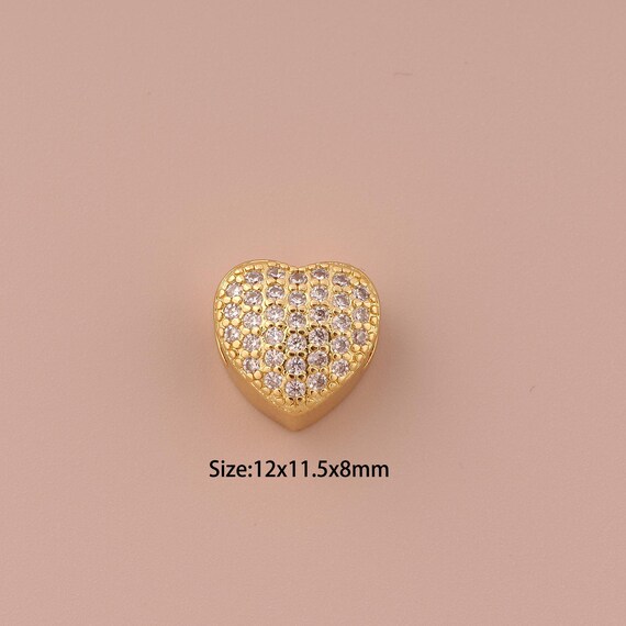 18K Gold Heart Spacer Bead,CZ Pave Minimalist Bead,Large Hole Bead for DIY Jewelry Making Supply
