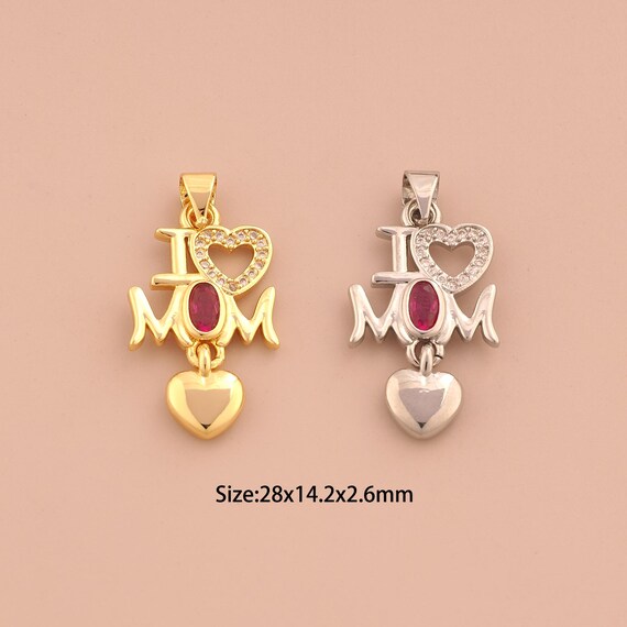 18K Gold I Love MOM Charms,CZ Pave Heart Charms Pendants,Letter Charm for DIY Jewelry Making Supply