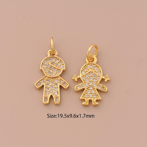 18K Gold Character Charms,CZ Pave Girl Charms Pendants,Boy Charm for DIY Jewelry Making Supply