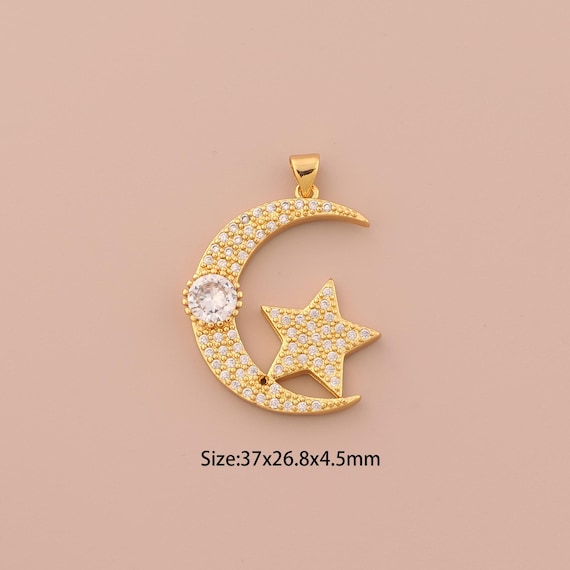 18K Gold Moon Charms,CZ Pave Star Charms Pendants,Celestial Charm for DIY Jewelry Making Supply