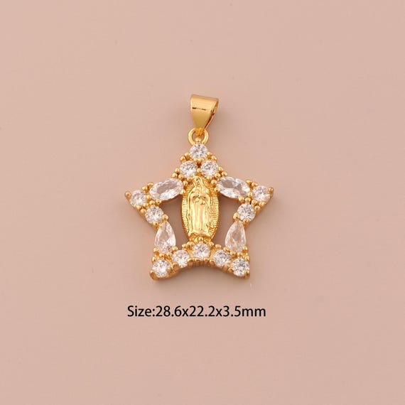 18K Gold Virgin Mary Charms,CZ Pave Star Charms Pendants,Catholic Charm for DIY Jewelry Making Supply
