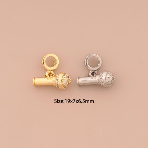 18K Gold Microphone Charms,CZ Pave Microphone Charms Pendants,Microphone Charm for DIY Jewelry Making Supply