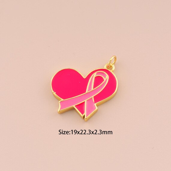 18K Gold Heart Ribbon Pendant,Cancer Awareness Charm Bracelet Necklace for DIY Jewelry Making Supply