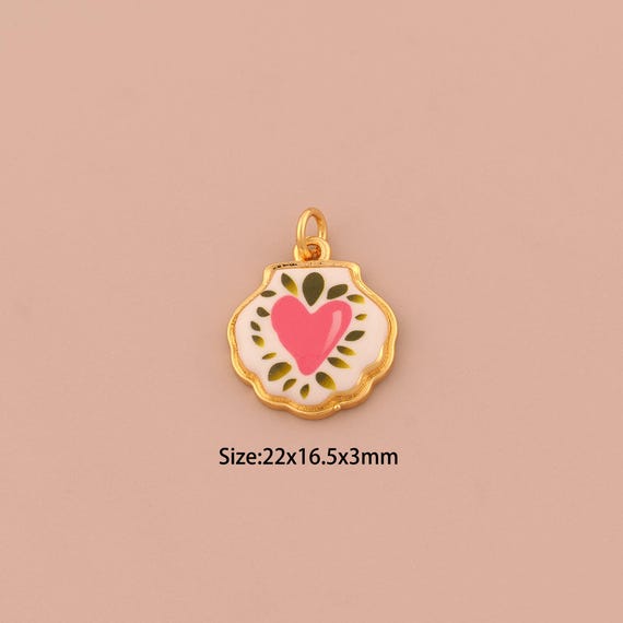 18K Gold Shell Charms,Enamel Heart Charms Pendants,Oyster Charm for DIY Jewelry Making Supply