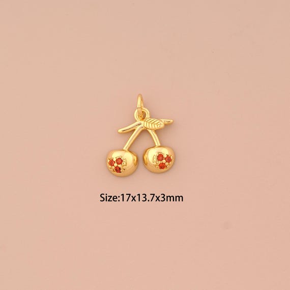 18K Gold Cherry Charms,CZ Pave Fruit Charms Pendants,Cherry Charm for DIY Jewelry Making Supply