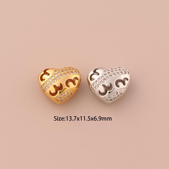 18K Gold Hollow Spacer Bead,CZ Pave Heart Bead,Heart Bead for DIY Jewelry Making Supply