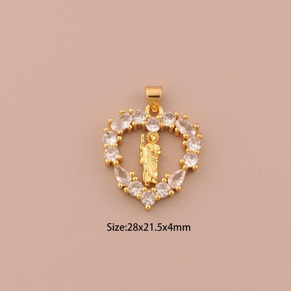 18K Gold St.Juda Charms,CZ Pave Heart Charms Pendants,Saint Jude Charm for DIY Jewelry Making Supply