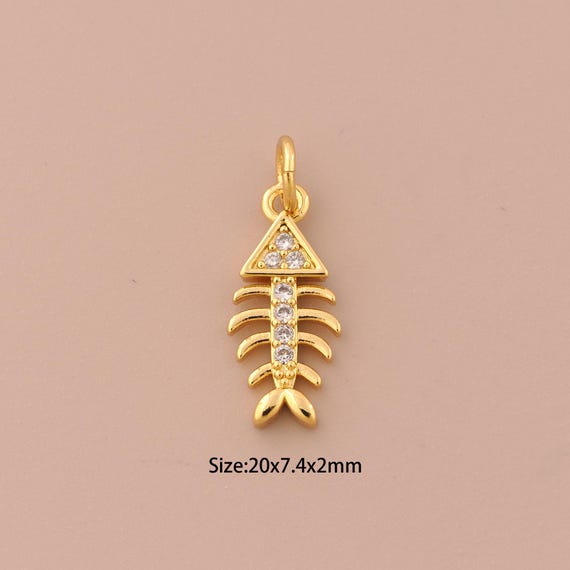18K Gold Fishbone Charms,CZ Pave Fishbone Charms Pendants,Fishbone Charm for DIY Jewelry Making Supply