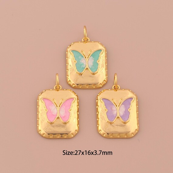18K Gold Butterfly Charms,Enamel Square Charms Pendants,Insect Charm for DIY Jewelry Making Supply
