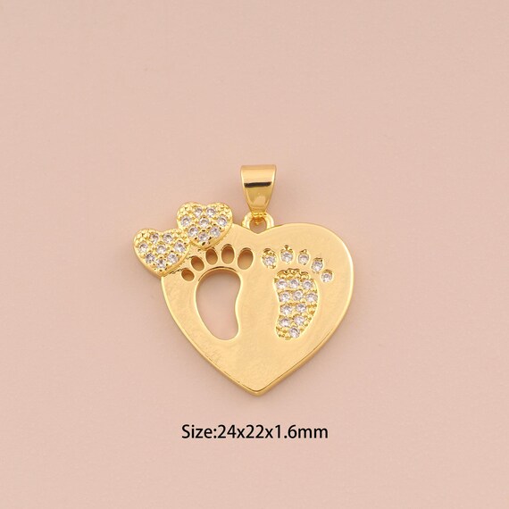 18K Gold Foot Charms,CZ Pave Heart Charms Pendants,Foot Charm for DIY Jewelry Making Supply