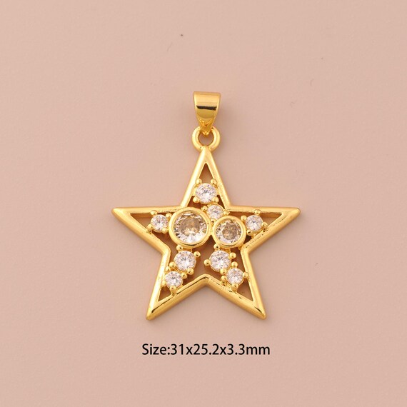 18K Gold Star Charms,CZ Pave Round Charms Pendants,Celestial Charm for DIY Jewelry Making Supply