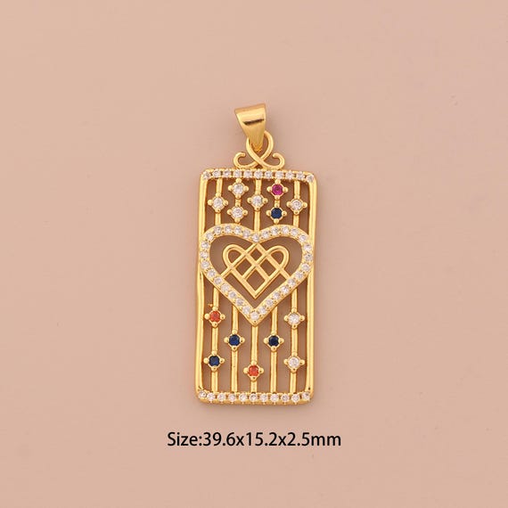 18K Gold Heart Charms,CZ Pave Square Charms Pendants,Heart Charm for DIY Jewelry Making Supply
