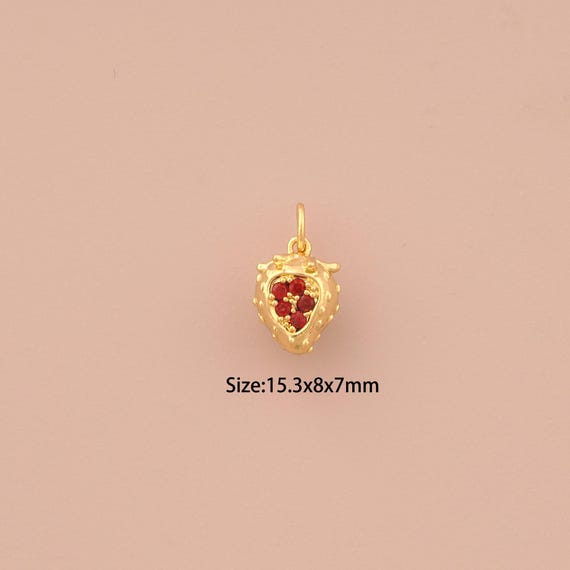 18K Gold Strawberry Charms,CZ Pave Fruit Charms Pendants,Strawberry Charm for DIY Jewelry Making Supply