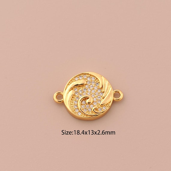 18K Gold Ocean Wave Connector,CZ Pave Round Connector Charms,Ocean Wave Connector for DIY Jewelry Making Supply