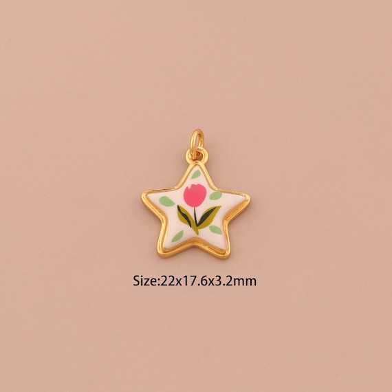 18K Gold Star Charms,Enamel Flower Charms Pendants,Starburst Charm for DIY Jewelry Making Supply