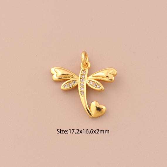 18K Gold Dragonfly Charms,CZ Pave Heart Charms Pendants,Insect Charm for DIY Jewelry Making Supply