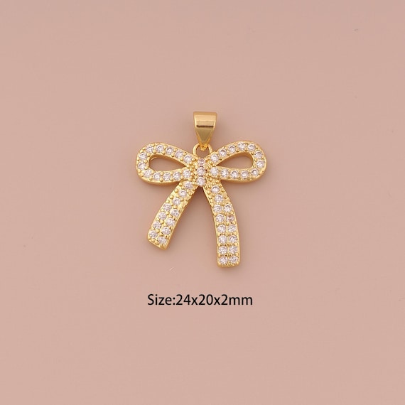 18K Gold Bow Charms,CZ Pave Minimalist Charms Pendants,Bow Charm for DIY Jewelry Making Supply