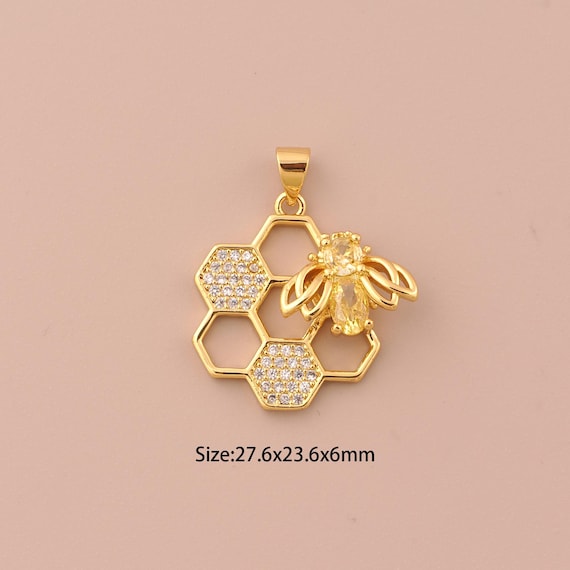 18K Gold Bee Charms,CZ Pave Honeycomb Charms Pendant,Insect Charm for DIY Jewelry Making Supply