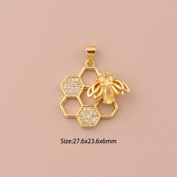 18K Gold Bee Charms,CZ Pave Honeycomb Charms Pendant,Insect Charm for DIY Jewelry Making Supply