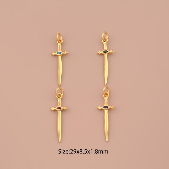 18K Gold Weapon Charms,CZ Pave Sword Charms Pendants,Weapon Charm for DIY Jewelry Making Supply