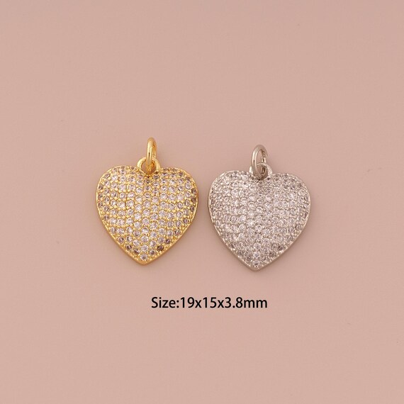 18K Gold Heart Charms,CZ Pave Minimalist Charms Pendants,Heart Charm for DIY Jewelry Making Supply