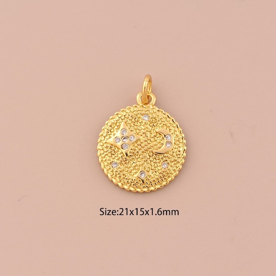 18K Gold Star Charms,CZ Pave Round Charms Pendants,Moon Charm for DIY Jewelry Making Supply