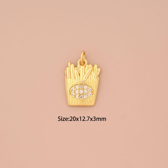 18K Gold French Fries Charms,CZ Pave Gourmet Charms Pendants,French Fries Charm for DIY Jewelry Making Supply