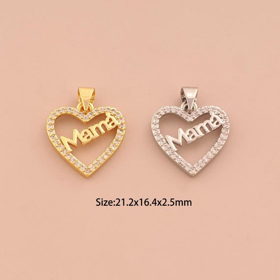 18K Gold MAMA Charms,CZ Pave Heart Charms Pendants,Letter Charm for DIY Jewelry Making Supply