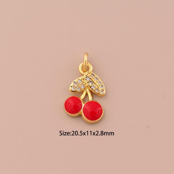 18K Gold Cherry Charms,CZ Pave Fruit Charms Pendants,Enamel Cherry Charm for DIY Jewelry Making Supply