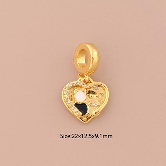 18K Gold Heart Charms,CZ Pave Couple Charms Pendants,Enamel Cat Charm for DIY Jewelry Making Supply