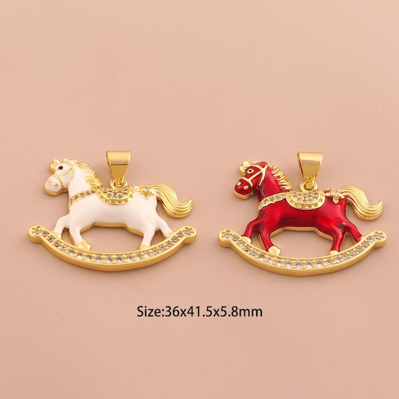 18K Gold Rocking Horse Charms,Enamel Horse Charms Pendants,CZ Pave Animal Charm for DIY Jewelry Making Supply