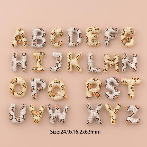 18K Gold Letter Charms,CZ Pave Initial Charms Pendants,Leopard Charm for DIY Jewelry Making Supply