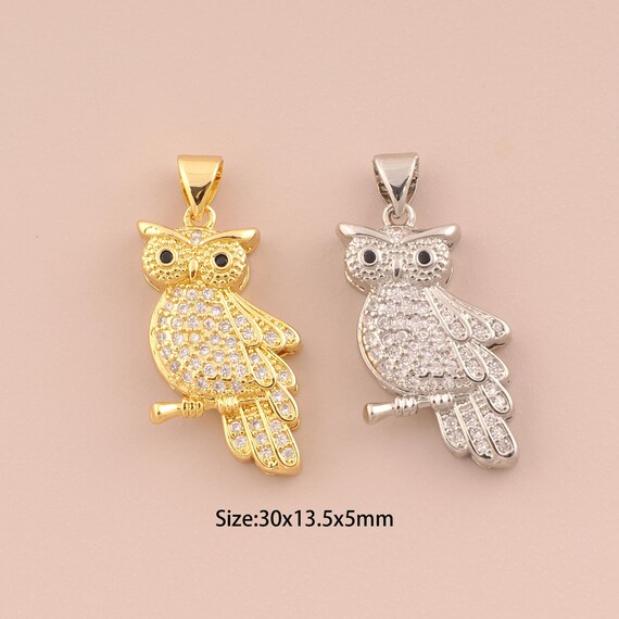 18K Gold Owl Charms,CZ Pave Owl Charms Pendants,Owl Charm for DIY Jewelry Making Supply