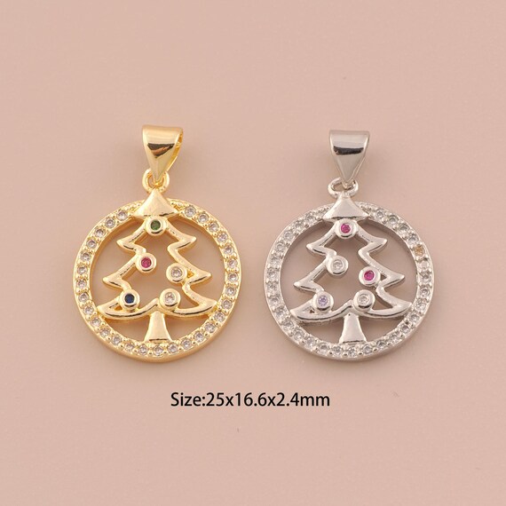 18K Gold Christmas Tree Charms,CZ Pave Round Charms Pendants,Tree Charm for DIY Jewelry Making Supply