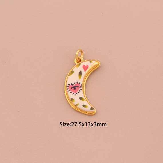 18K Gold Crescent Moon Charms,Enamel Evil Eye Charms Pendants,Heart Charm for DIY Jewelry Making Supply