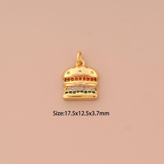 18K Gold Hamburger Charms,CZ Pave Gourmet Charms Pendants,Hamburger Charm for DIY Jewelry Making Supply
