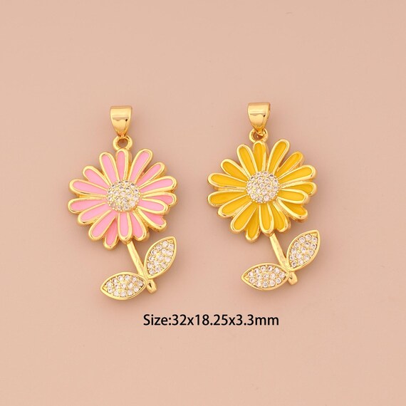 18K Gold Sunflower Charms,CZ Pave Sun Flower Charms Pendants,Enamel Sunflower Charm for DIY Jewelry Making Supply
