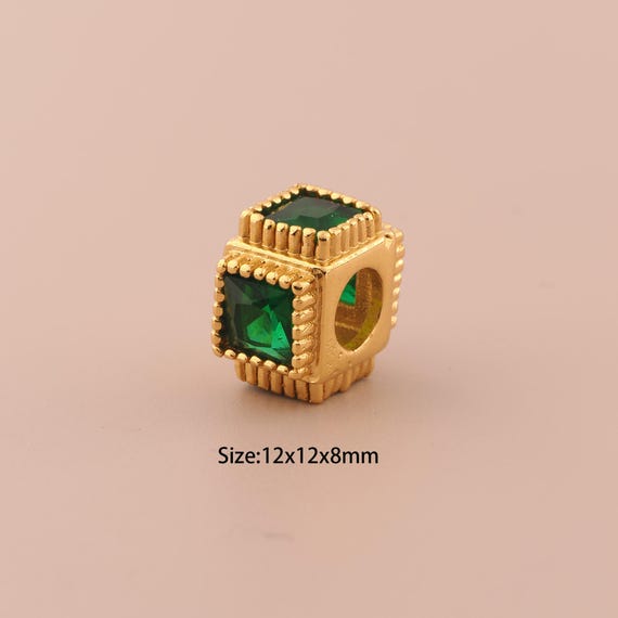 18K Gold Square Spacer Bead,CZ Pave Large Hole Bead,Square Bead for DIY Jewelry Making Supply