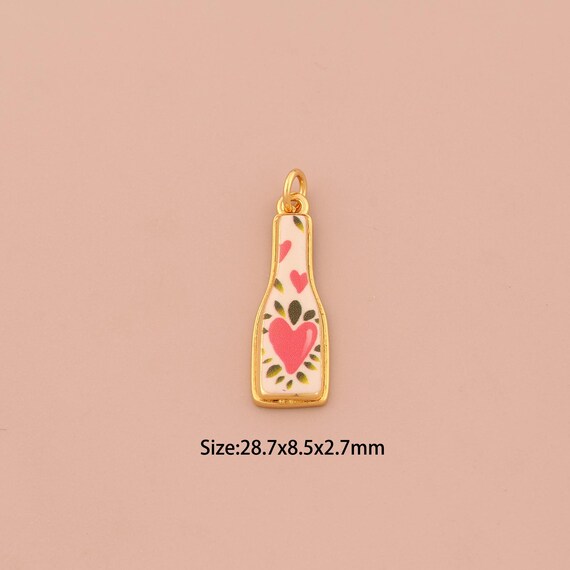 18K Gold Wine Charms,Enamel Wine Bottle Charms Pendants,Heart Charm for DIY Jewelry Making Supply