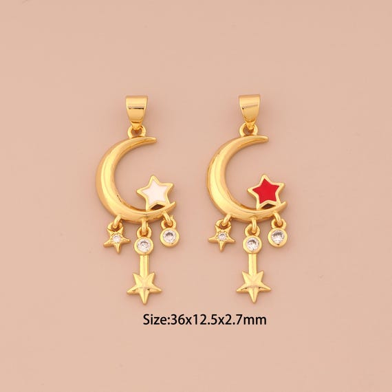 18K Gold Moon Charms,CZ Pave Celestial Charms Pendants,Enamel Star Charm for DIY Jewelry Making Supply