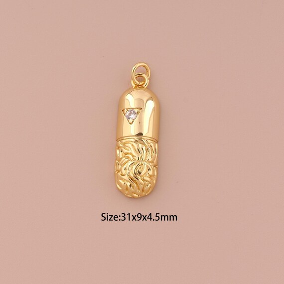 18K Gold Capsule Charms,CZ Pave Minimalist Charms Pendants,Capsule Charm for DIY Jewelry Making Supply