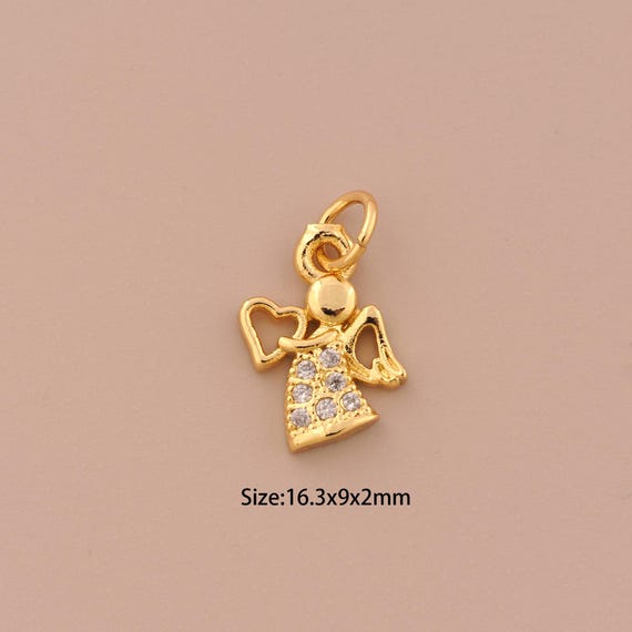 18K Gold Angel Charms,CZ Pave Heart Charms Pendants,Angel Charm for DIY Jewelry Making Supply