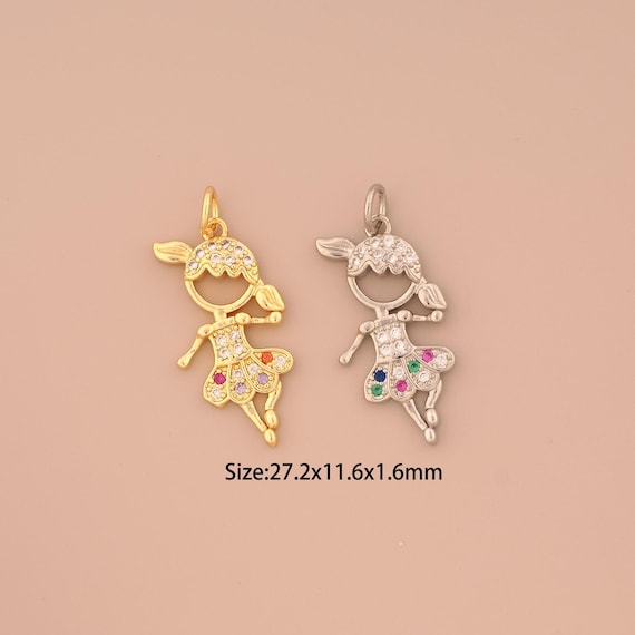 18K Gold Characters Charms,CZ Pave Girl Charms Pendants,Dancer Charm for DIY Jewelry Making Supply