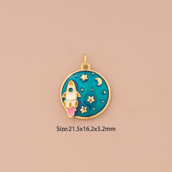 18K Gold Rocket Charms,Enamel Moon Star Charms Pendants,Round Charm for DIY Jewelry Making Supply