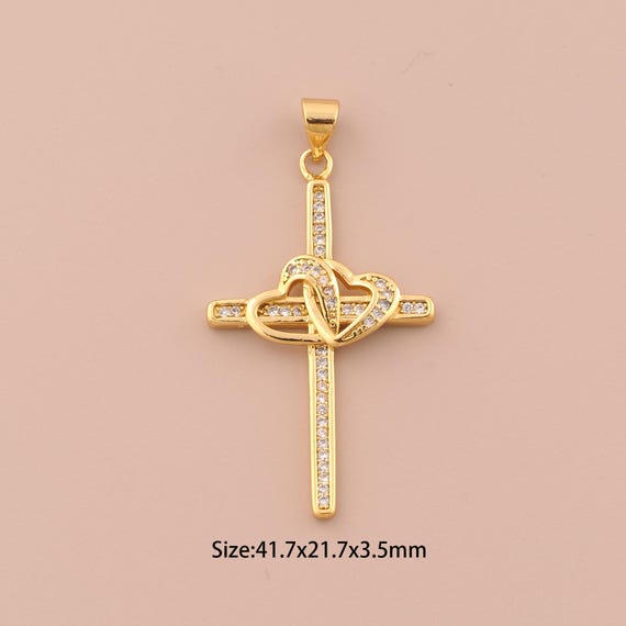 18K Gold Cross Charms,CZ Pave Heart Charms Pendants,Christian Charm for DIY Jewelry Making Supply