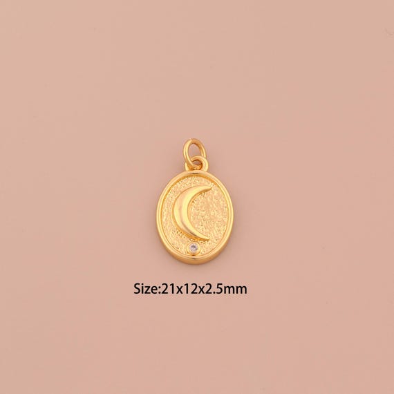 18K Gold Crescent Moon Charms,CZ Pave Celestial Charms Pendants,Oval Charm for DIY Jewelry Making Supply