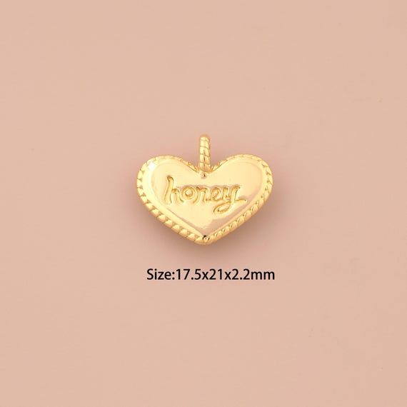 18K Gold HONEY Charms,Heart Charms Pendants,Love Charm for DIY Jewelry Making Supply