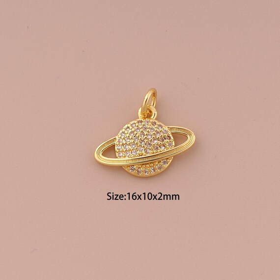 18K Gold Saturn Charms,CZ Pave Minimalist Charms Pendants,Saturn Charm for DIY Jewelry Making Supply
